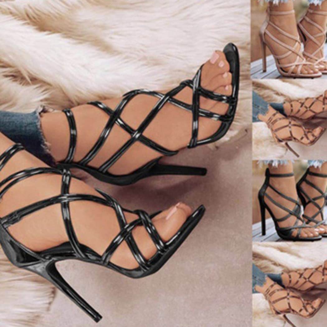 Sandalias con Cordones para Mujer Sandalias de Tacón Stiletto Sexy Abiertas Punta Abierta Tacón Alto Zapato con Correas Cruzadas,3,42CN