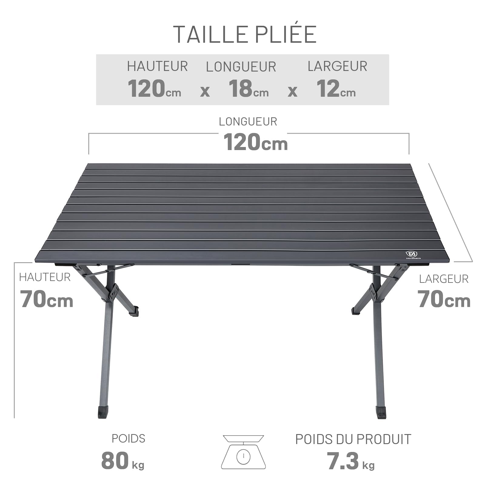 EVER ADVANCED Table de Camping Pliante 120x70cm, Plateau de Table en Aluminium, Capacité de Charge 80KG, pour 4-6 Personnes, avec Sac de Transport pour Camping Jardin Balcon, Gris