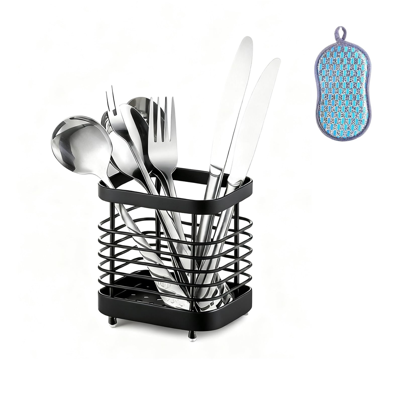Simpcozy Cutlery Drainer, ,Stainless Steel Kitchen Utensils Holder, Quick Drying Hollow Out Cutlery Holder Tableware Storage (Black)