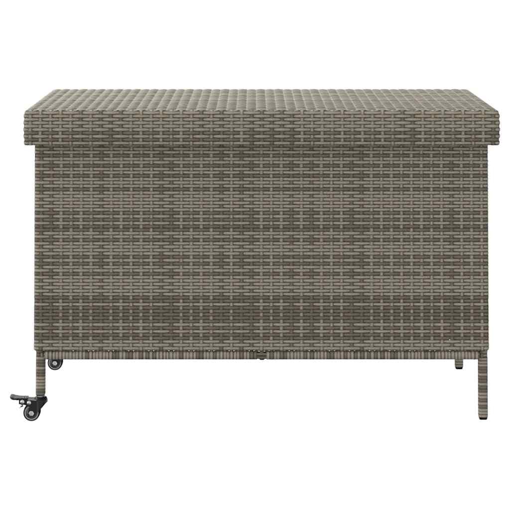 Gartentruhe aus Poly Rattan Grau 110x55x73 cm mit Rollen, wasserabweisender Tasche für Kissen, Auflagen und Outdoor-Zubehör auf Terrasse und Garten