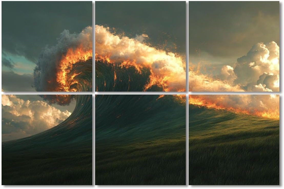 6 Pack Art Acoustic Panels Sound Absorbing Sea Wave Fire Cloud Fiery Rolling Clouds Grass Sunset Lighting Decorative Soundproof Wall Panels Self Adhesive for Recording Studios Office 72"x48"