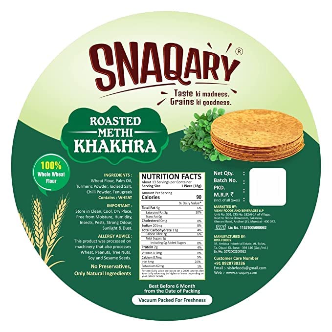 Image of Snaqary All In 1 Whole Wheat Flour Khakhra Roasted Jeera Khakhra, pack of 2, Healthy Indian Snacks, Crispy and Crunchy Delicious snacks (Roasted Methi Khakhra, 1)