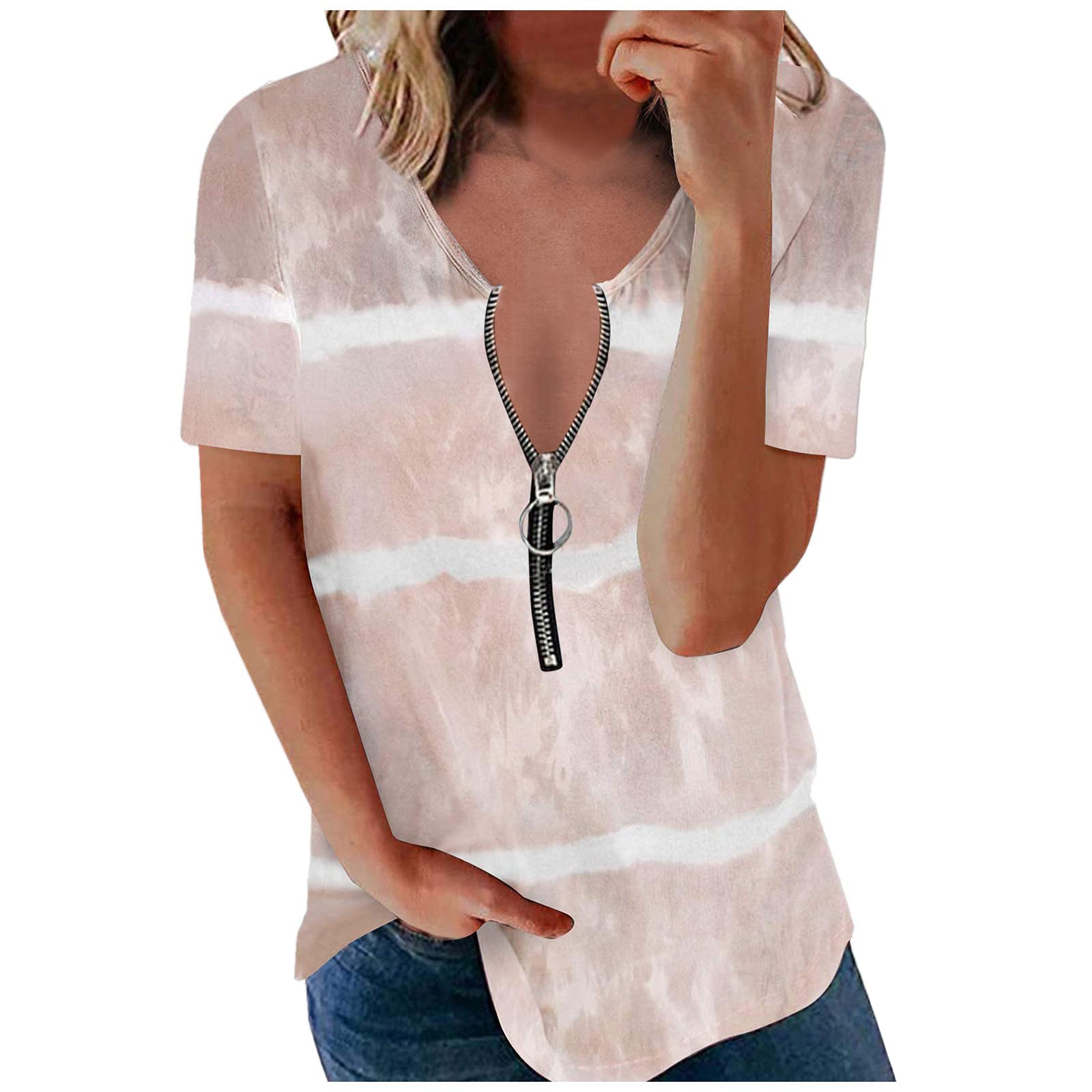 ADMAY Camiseta para mujer, blusa de manga corta, tops para mujer, ollas con cremallera, camisetas de verano, camiseta para adolescentes, túnica para niñas, elegante blusa con volantes