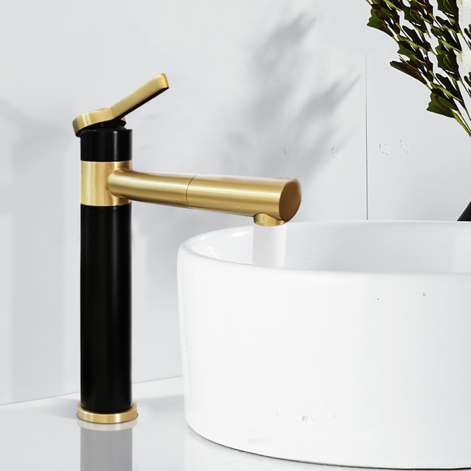 Grifo Lavabo en Cascada Fregadero de Un Solo Orificio de Agua Fría Y Caliente de Acero Inoxidable Grifo de Lavabo Giratorio de 360° Monomando Negro + Dorado Alto Grifo de Lavabo para Baño