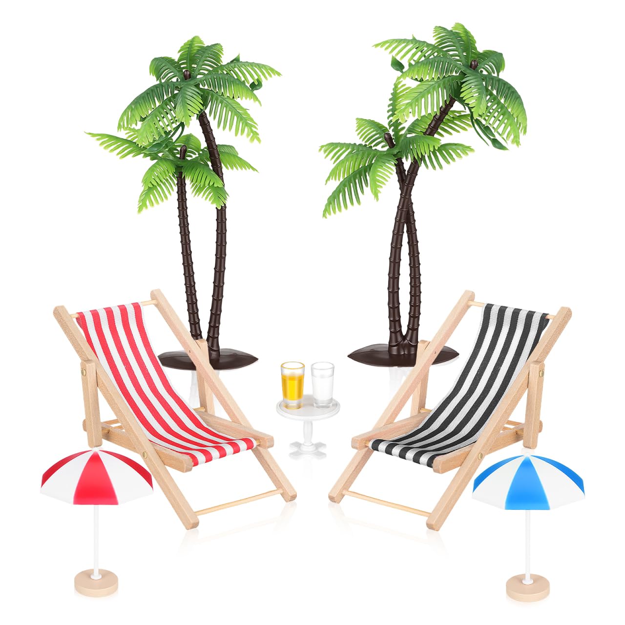 9Pcs Miniature Beach Chair Furniture Ornament Set, Summer Beach Cake Toppers for Fairy Garden Birthday Hawaiian Party Decorations Dolls House, Tropical Deck Chair Palm Tree Umbrella Drinks Tea Table