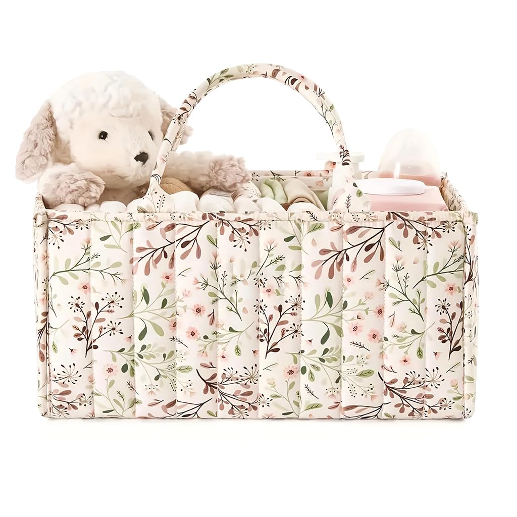 Zibuyu® Floral Diaper Organizer Tote Bag, Quilted Baby Storage Caddy with Handle, Portable Nursery Organizer for Diapers Wipes Bottles Toys, Soft Lightweight Baby Essentials Storage Bag, 38x25x17.8 cm-image-31