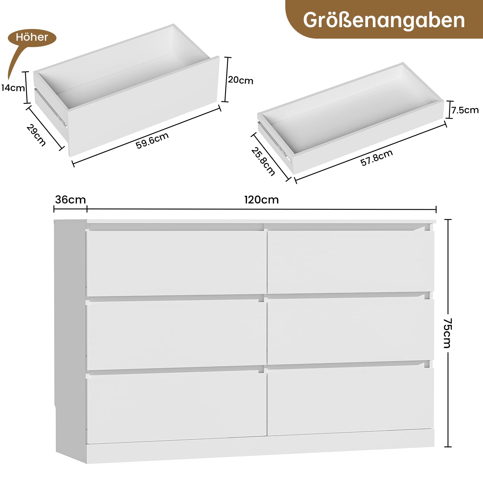 Asgolion Kommode mit 8 Schubladen, 120 x 36 x 75 cm, Moderne Kommode mit versteckter Schublade, Kommode mit Großer Kapazität, Holzkommode für Wohnzimmer, Schlafzimmer oder Flur, weiß, EU25DS126W