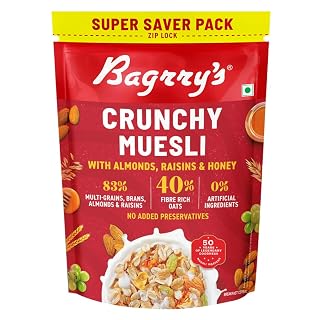 Bagrry’s Crunchy Muesli – 750g | 83% Multigrain, Brans, Almonds, Raisins & Honey | 40% Fibre Rich Oats | High Fibre and Protein Breakfast Cereal | No Added Preservatives | Non-GMO Oats | Trans Fat & Cholesterol Free