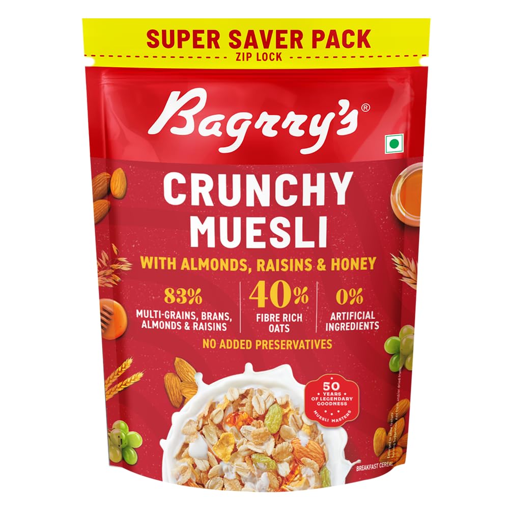 Bagrry’s Crunchy Muesli – 750g | 83% Multigrain, Brans, Almonds, Raisins & Honey | 40% Fibre Rich Oats | High Fibre and Protein Breakfast Cereal | No Added Preservatives | Non-GMO Oats | 100% Natural | Trans Fat & Cholesterol Free