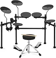 VEDO Bateria Eletrônica Portátil para Iniciantes com 4 Almofadas Silenciosas, 200 Sons, Banco Ajustável, Pedais Duplos e Fones de Ouvido - Kit Completo para Estúdio e Performances ao Vivo