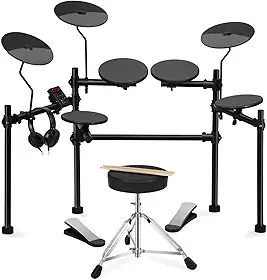 VEDO Bateria Eletrônica Portátil para Iniciantes com 4 Almofadas Silenciosas, 200 Sons, Banco Ajustável, Pedais Duplos e Fones de Ouvido - Kit Completo para Estúdio e Performances ao Vivo