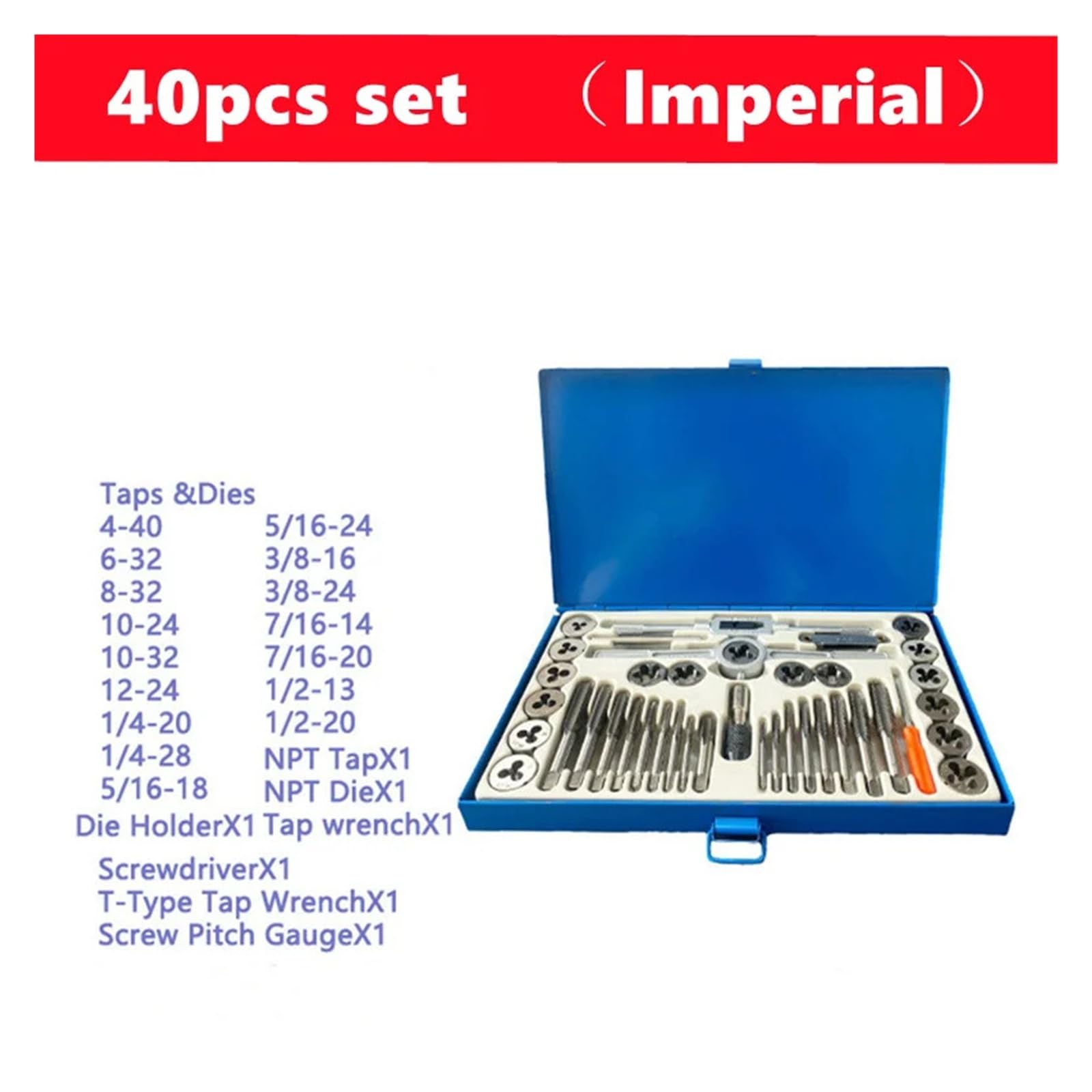 Juego de 40 machos y terrajas métricos e imperiales, utilizados para la combinación Manual de Herramientas de reparación y roscado de roscas internas y externas (40 Piezas-imperiales)