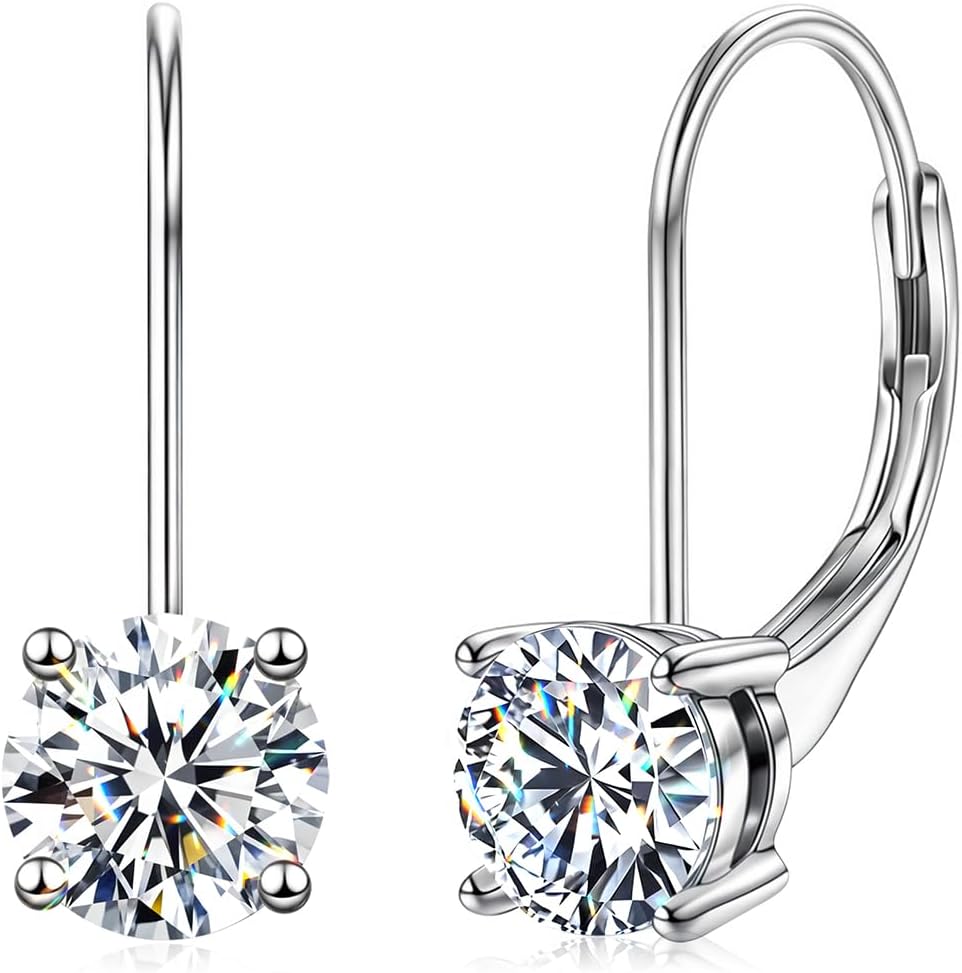 Moissanite Dangle Earrings for Women, Hypoallergenic 925 Sterling Silver 18K White Gold Plated leverback Earrings, D Color VVS Clarity Lab Created Diamond Round Cut Earrings Jewelry Gifts for Her