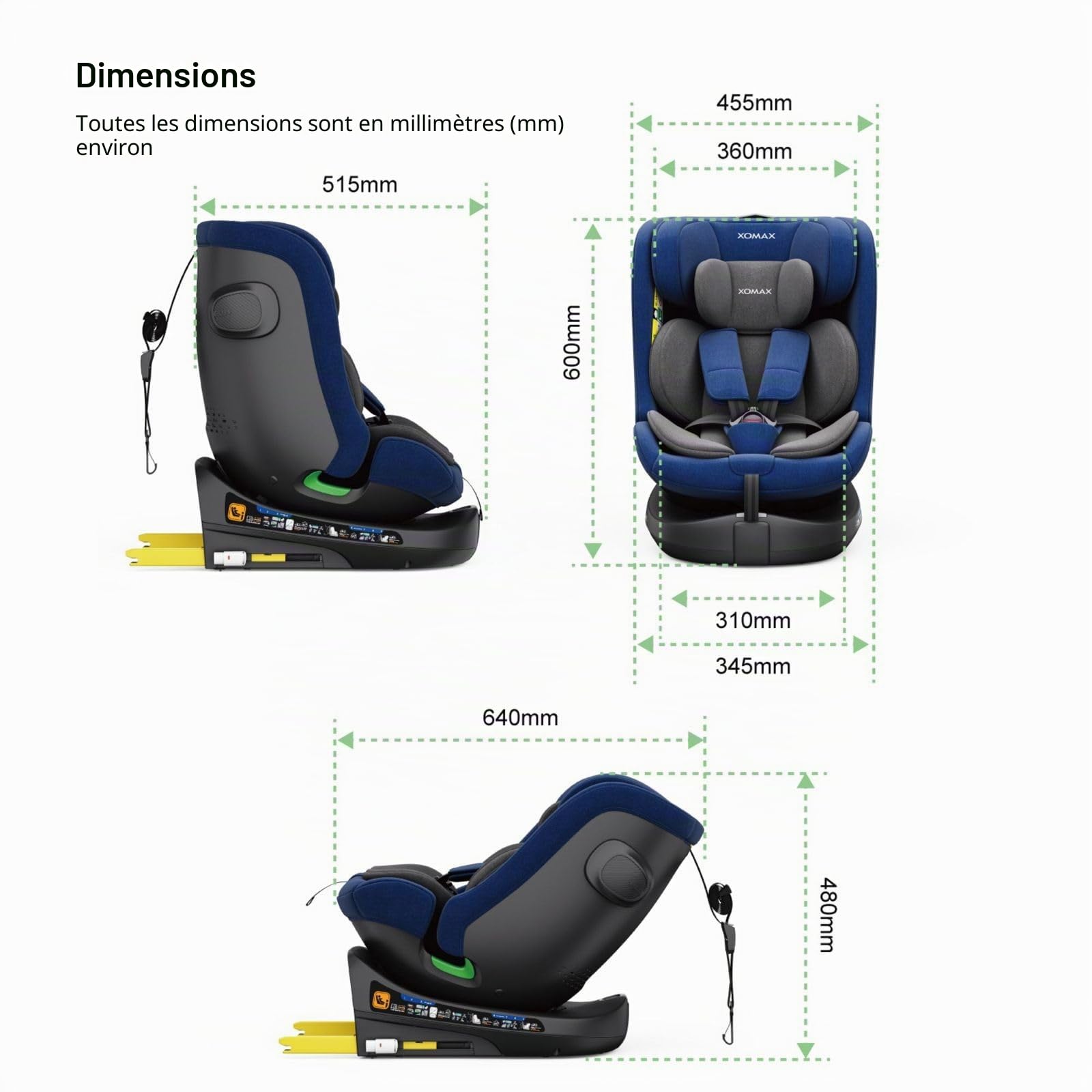 Xomax C013 Siège Enfant Rotatif à 360 Degrés Isofix ECE R129 0-36KG Réglable Inclinable Housse Respirante Sangle 5 Points Top Tether Siège Auto Enfant Bébé 0-12 Ans Couleur