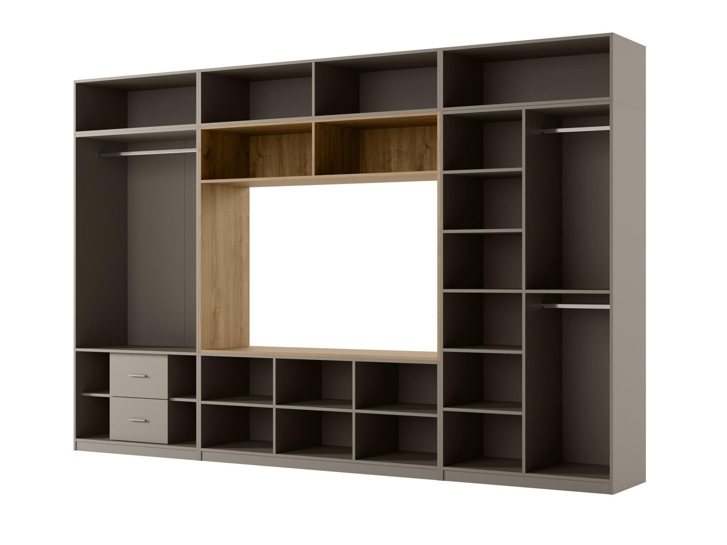 Meblościanka do salonu Infinity – nowoczesna meblościanka, 365 x 240 x 54 cm, szafka RTV, możliwość rozbudowy, szafki górne, regały, szuflady (Kalahari)