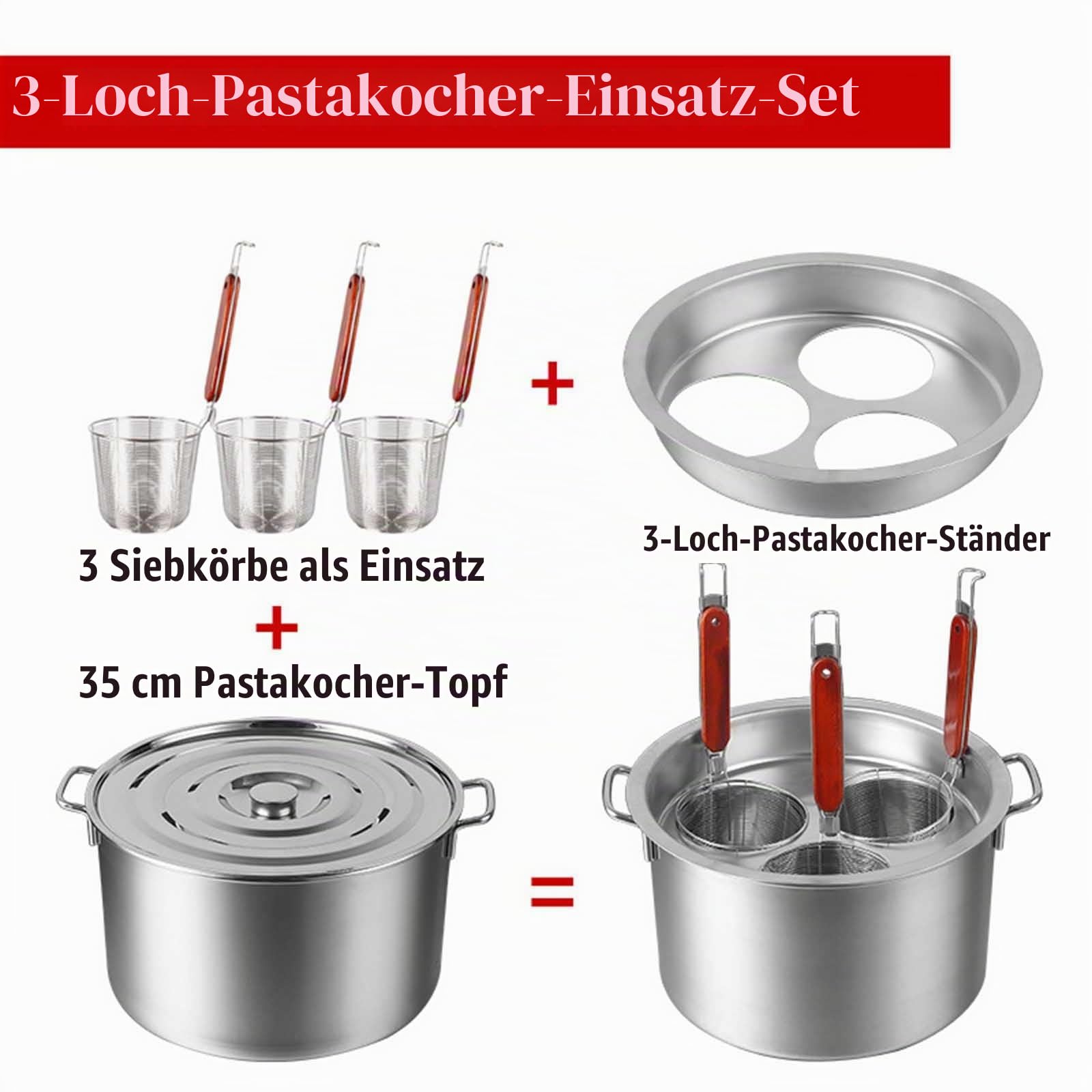 Nudeltopf 3 4 5 6 Löcher Nudelkocher Einsatz Set Löcher Edelstahl Nudelkocher mit Einsatz Sieb Korb Deckel und Teiler für Nudeln Knödel Pasta für Haus Küche Restaurant,3 Holes