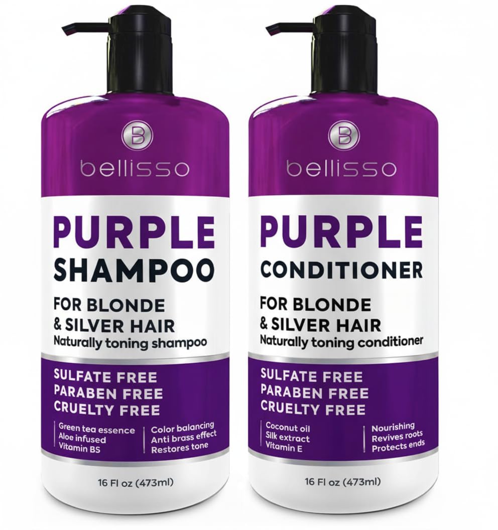 BELLISSO Purple Shampoo and Conditioner Set - Sulfate Free Salon Grade (2 x 16.9 fl oz) - Hydrating Toner - Shimmer Correction for Platinum Blonde, Silver, Light, and Grey Hair - Advanced Formula