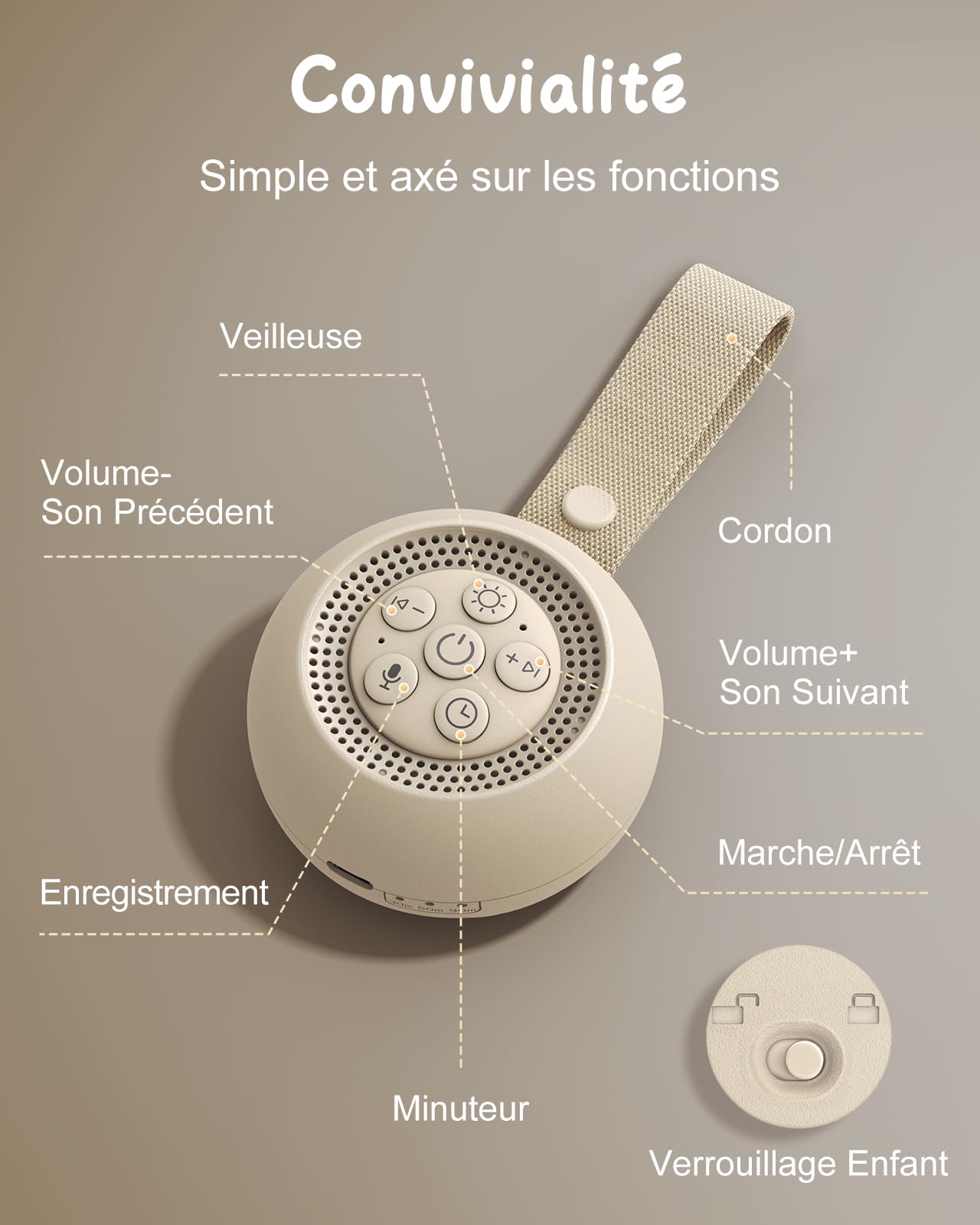 Babacom Machine à Bruit Blanc Bebe [Enregistrement Vocal], Veilleuse Musicale Bébé 15 Sons Apaisants, Minuterie & Mémoire, Portable Boite à Musique pour Sommeil Bébé & Adulte (Chambre/Bureau/Nursery)