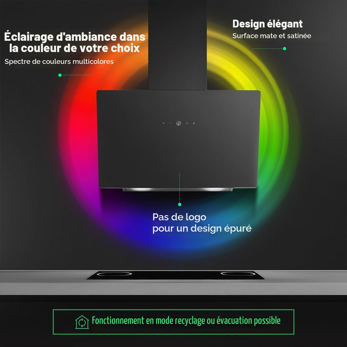 Bomann, Hotte Inclinée à LED Noir DU7611-G, 60 cm, Système de Ventilation Périphérique, Débit d'Air 578 m³/h, Commande Tactile avec Écran et Éclairage LEDBlanc Chaud, Filtre à Graisse Lavable