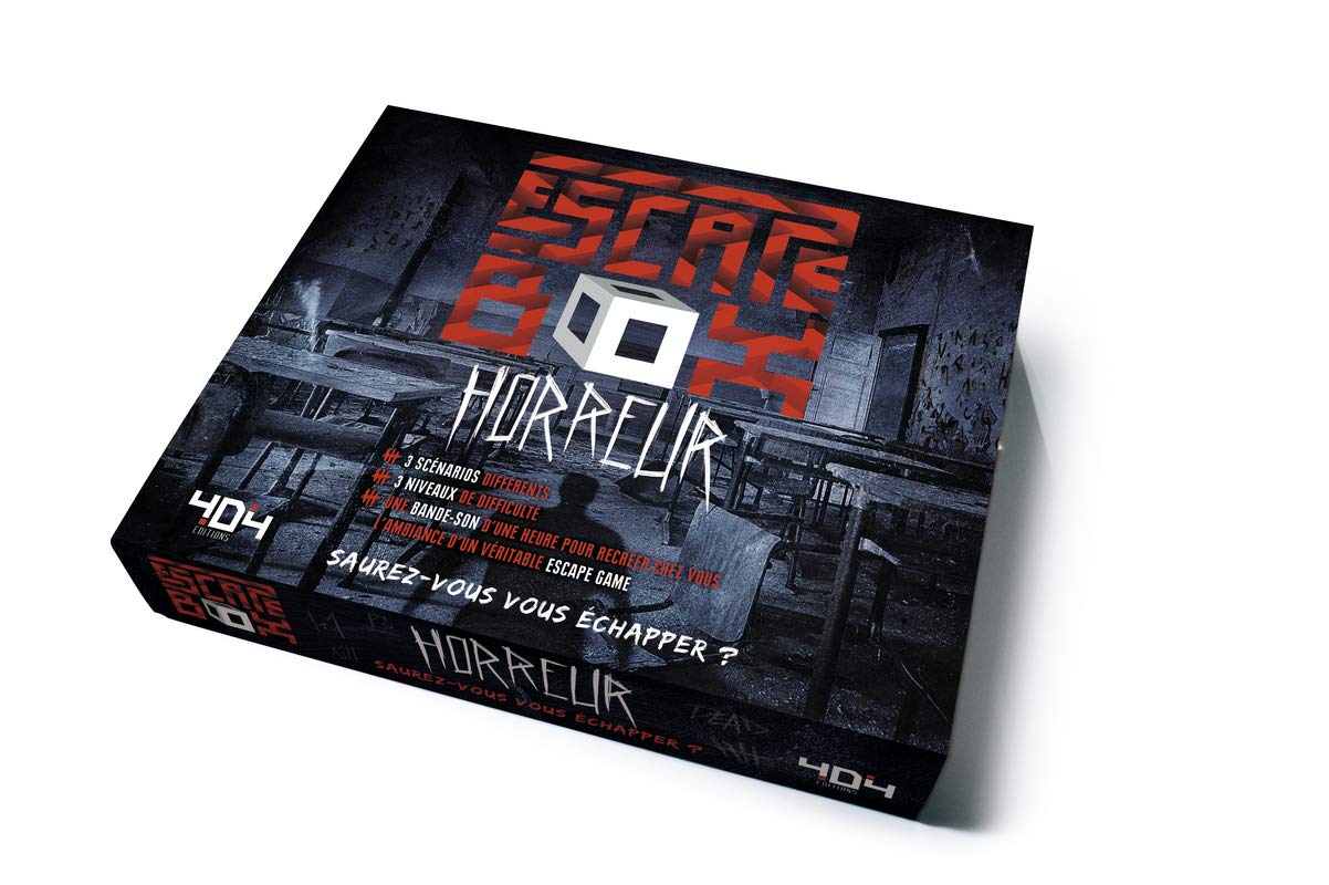 Escape Box Horreur - Escape game adulte de 3 à 6 joueurs - Dès 14 ans et adulte: Contient : 3 livrets, 131 cartes, 1 bande-son de 60 minutes, 1 poster, 6 badges