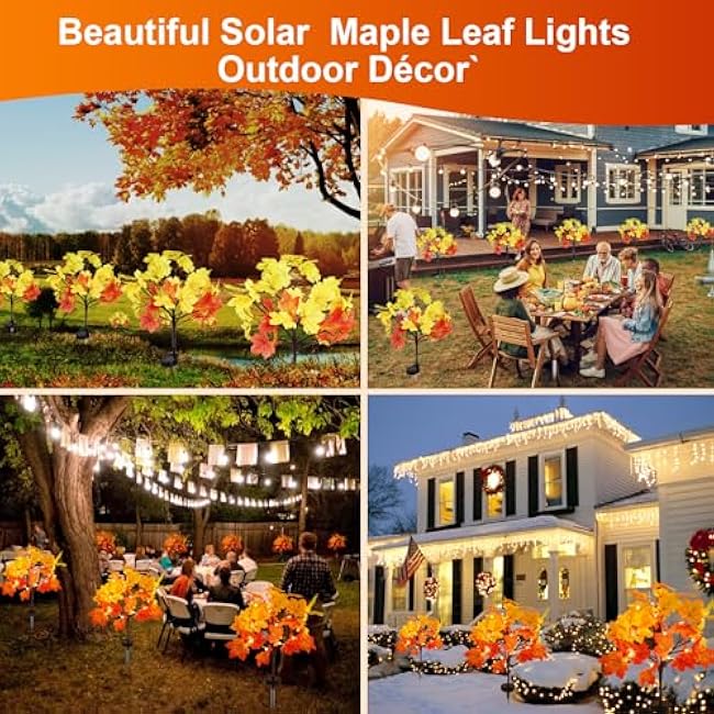 2Pack Fall Solar Lights Outdoor Decorative, Waterproof 40Led Orange Fall Lights with 80 Maple Leaves Path Lights, Solar Lights for Fall Autumn Patio Garden Halloween Thanksgiving Decorations