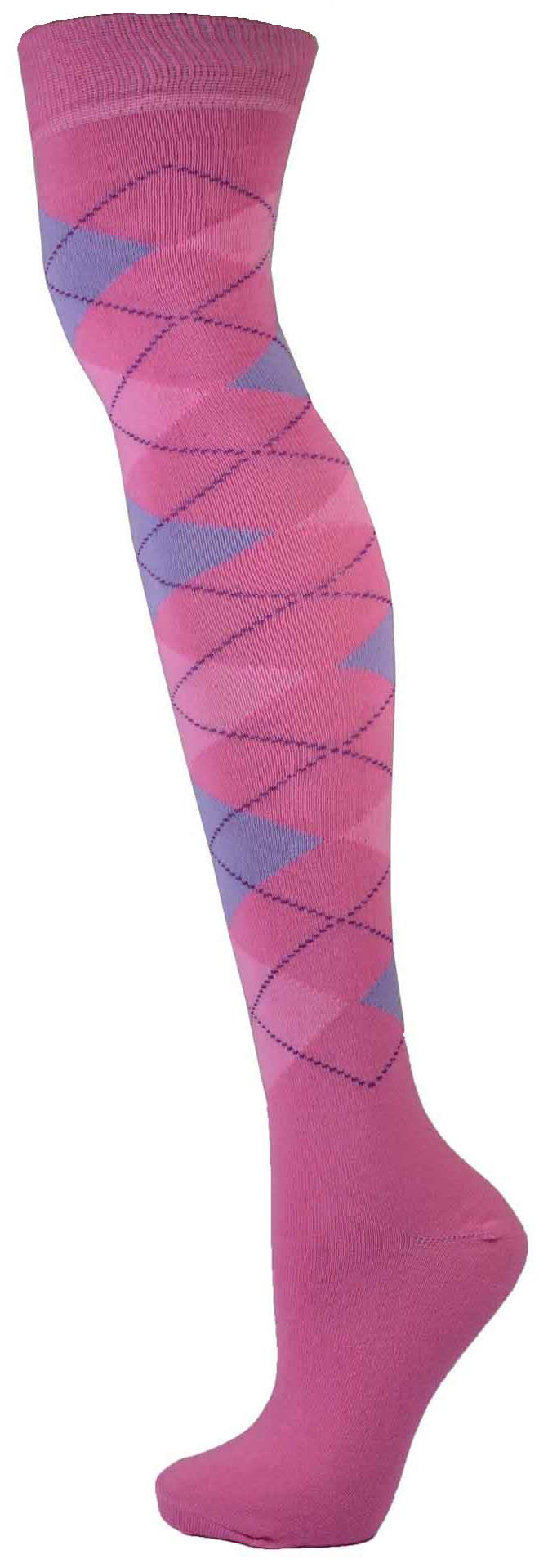 Cotton Rich Over The Knee Argyle Diamond Design Socks (Violet/Pink)