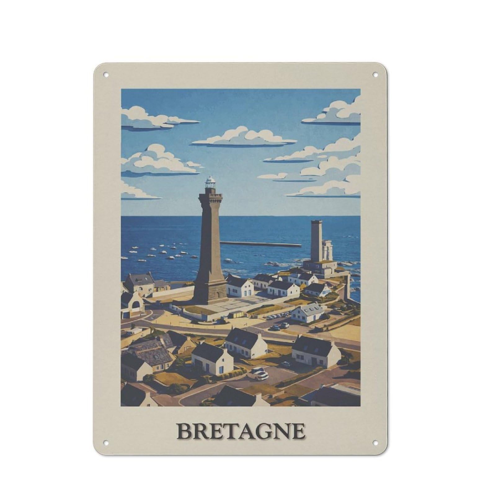 Junmoney Style-6 Brittany, France Coastal Town Illustration Tin Wall Sign 40X30cm, Loft Style Industrial Wall Decor For Loft, Studio, Office Or Creative Room