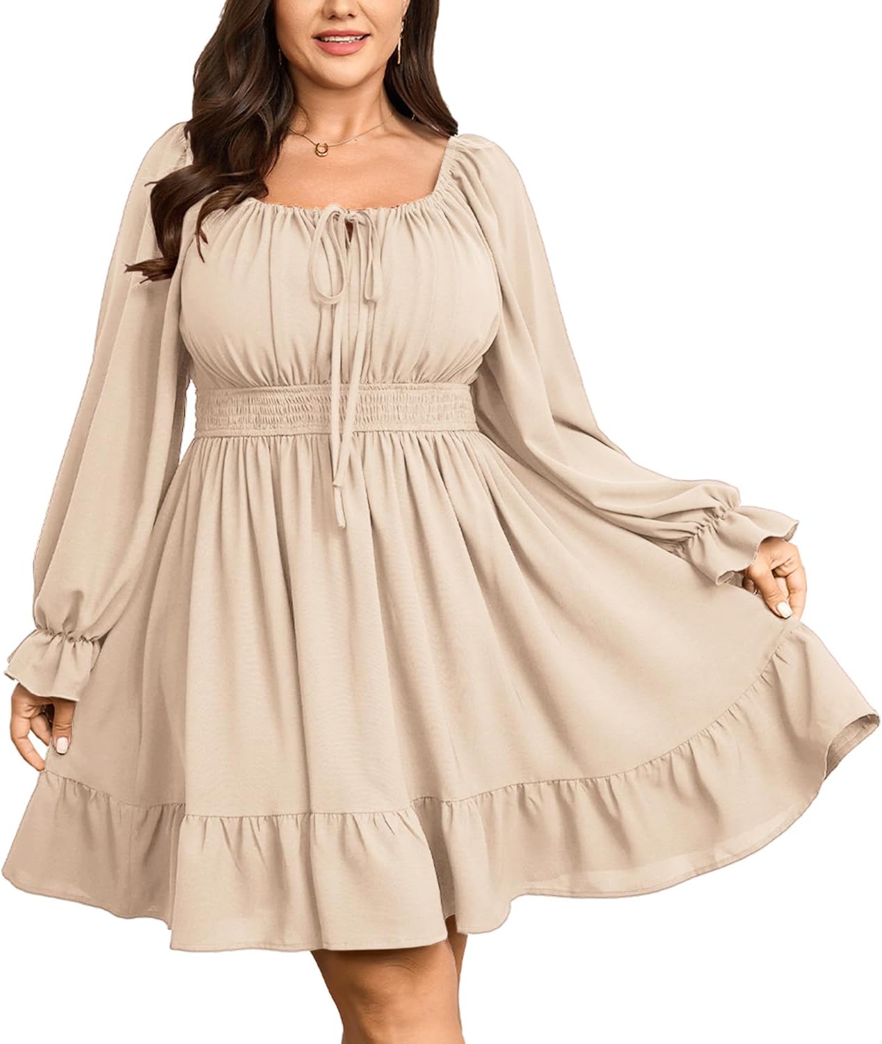 SCOMCHIC Womens Plus Size Dresses Long Sleeve Square Neck Smocked Casual Ruffle A-Line Flowy Fall Mini Milkmaid Dress