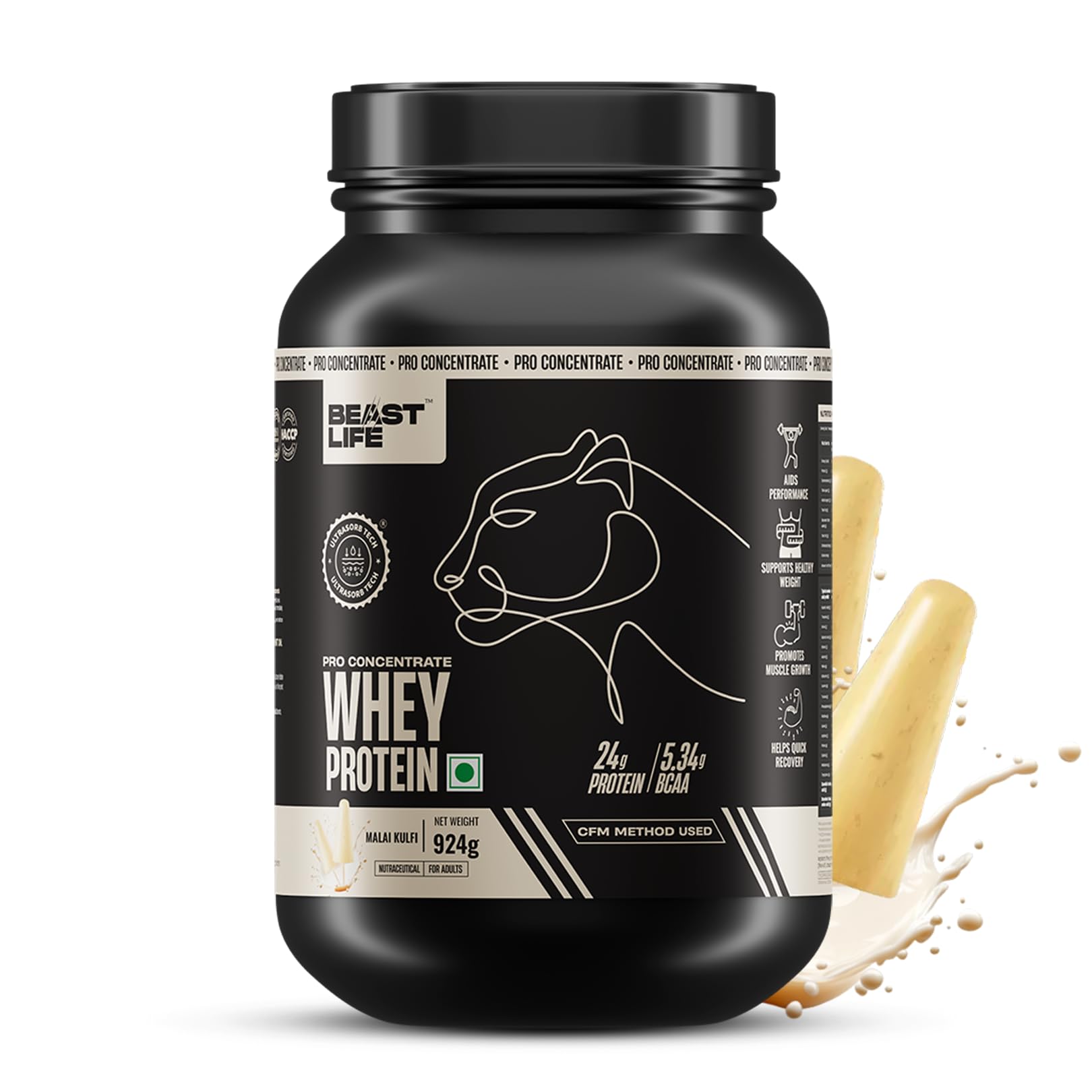 Pro 100% Whey Protein Powder|2 Lbs | Malai Kulfi Flavor | Muscle Growth & Recovery|Fast Absorbing, No Bloating | Ultrasorb Tech For Fast Digestion|NABL Lab Certified | 24g Protein, 5.3g BCAA