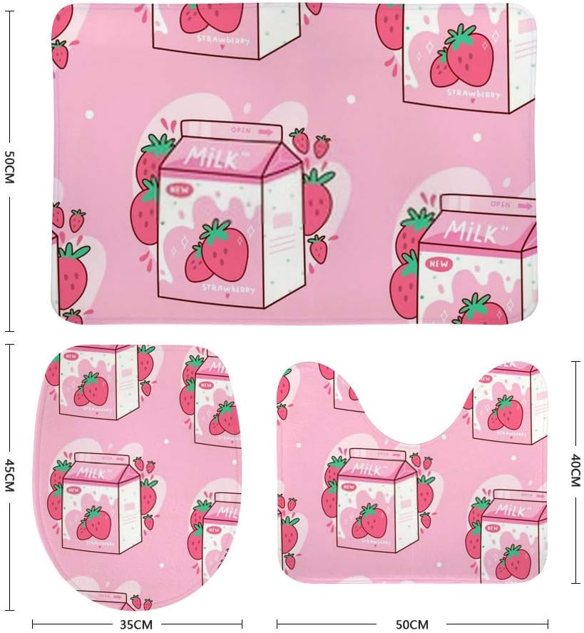 Kuizee Bath Rug Set 3 Piece ﻿Carton of Strawberry Milk Kawaii Anime Cartoon Pink Batroom Rugs Non-Slip Mat U-Shaped Contour Rug O-Shaped Toilet Lid Water Absorbent Cover Coral Velvet