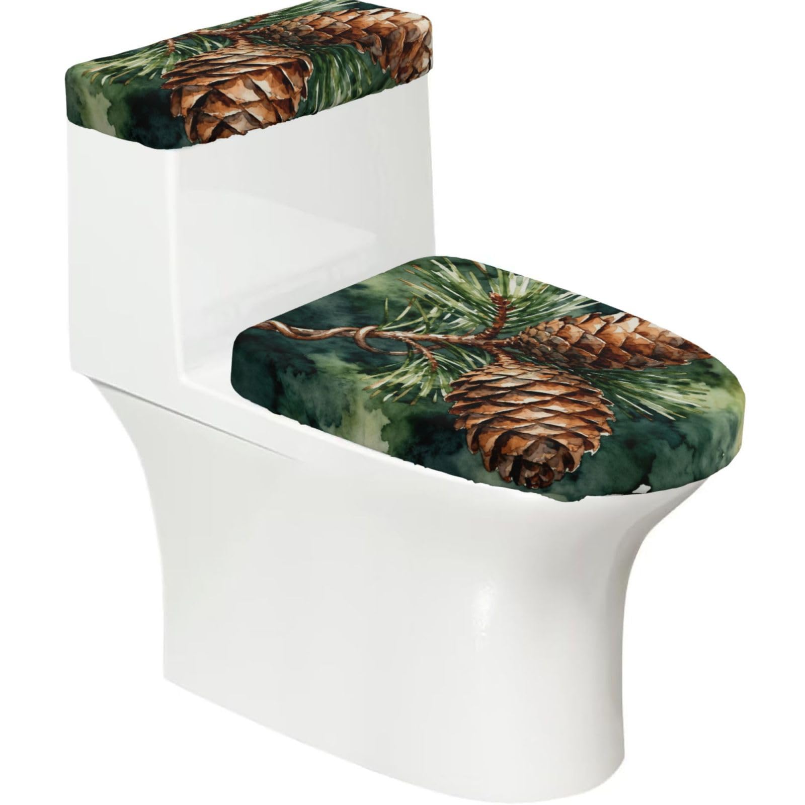 Cntdbu Black Pine Cone Branch Stretchy Toilet Lid And Tank Cover Set-Soft Elastic Bathroom Decor For U Shape Oval