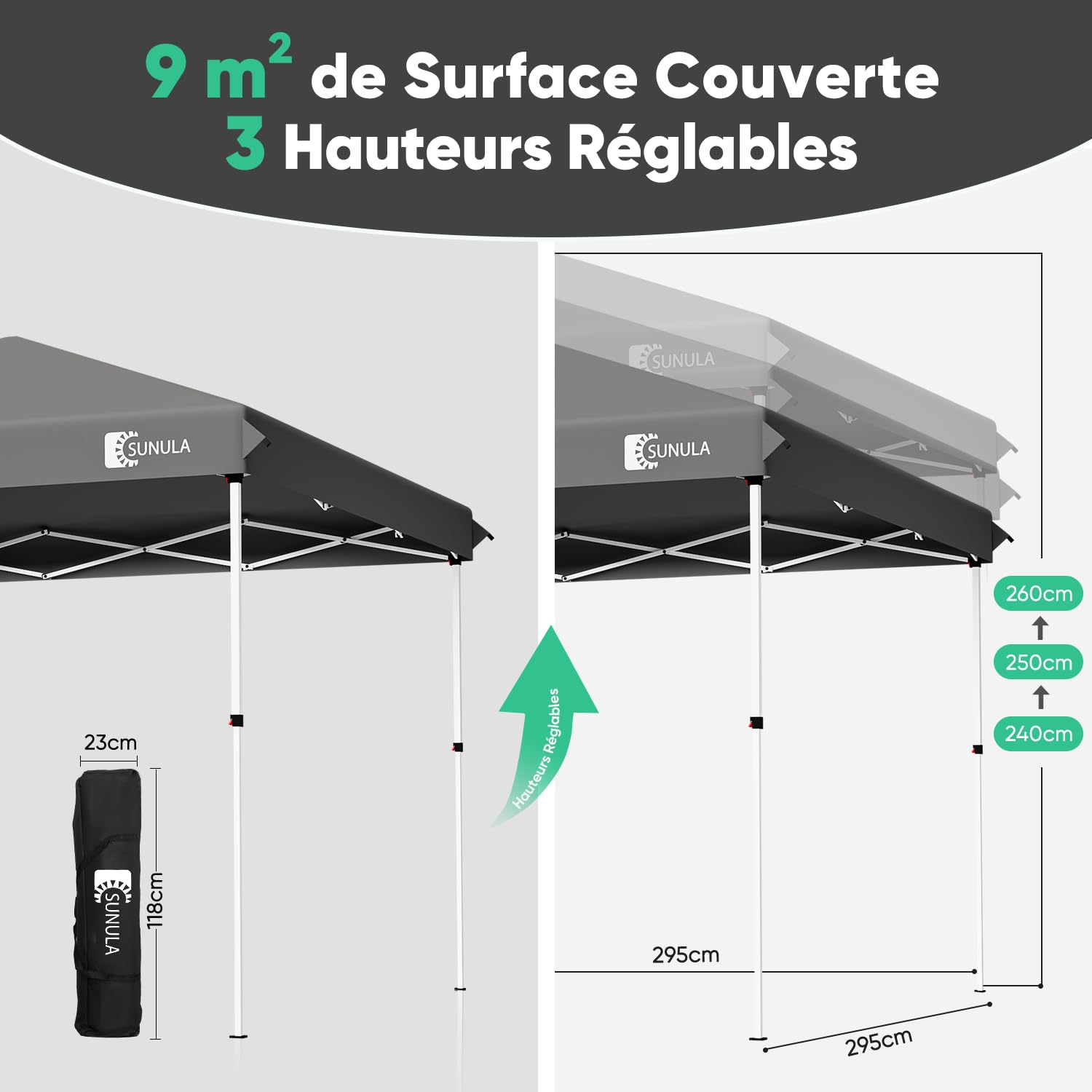 Sunula Tonnelle 3 x 3 m imperméable et stable avec 4 parois latérales, pliable, 3 x 3 m, avec tubes épaissis, tente de réception, tonnelle de jardin, tente pliable, pour camping, festival, fête (Gris)