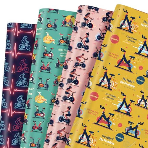 Pineraap 12 Sheets Spinning Bike Wrapping Paper Exercise Bike Themed Gift Wrap for Fitness...