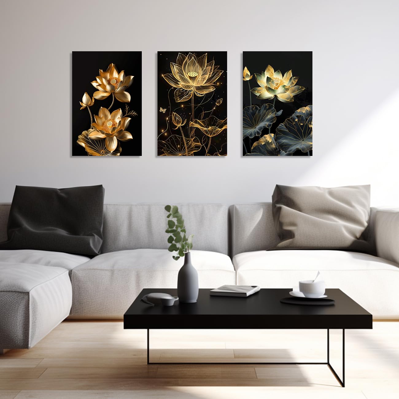 Amazon.co.jp: XLMDYYSW ゴールド 蓮の花 キャンバス ウォールアート