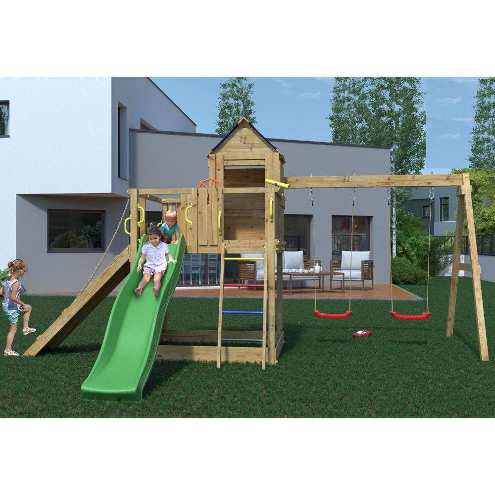 Casetta da Giardino per Bambini Fungoo Treehouse 3 – Parco Giochi in Legno con Altalene, Scivolo 2,2 m, Arrampicata e Accessori – Uso Privato – Disponibile da Agosto 2025