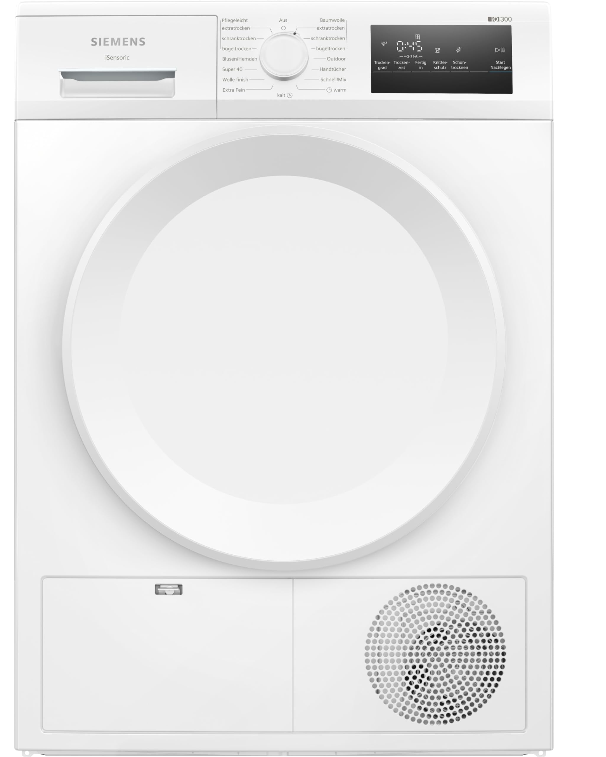 Siemens WT43H004, iQ300, essiccatore pompa di calore, 8 kg, autoDry, super40, 65 dB, display touch LED, softDry, programma outdoor, filtro easyClean, sicurezza bambini, bianco
