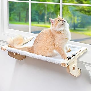 AMOSIJOY Cat Sill Window Perch Sturdy Cat Hammock Window Seat with Wood & Metal Frame for Large Cats, Easy to Adjust Cat Bed for Windowsill, Bedside, Drawer and Cabinet (21.7''-White Plush)