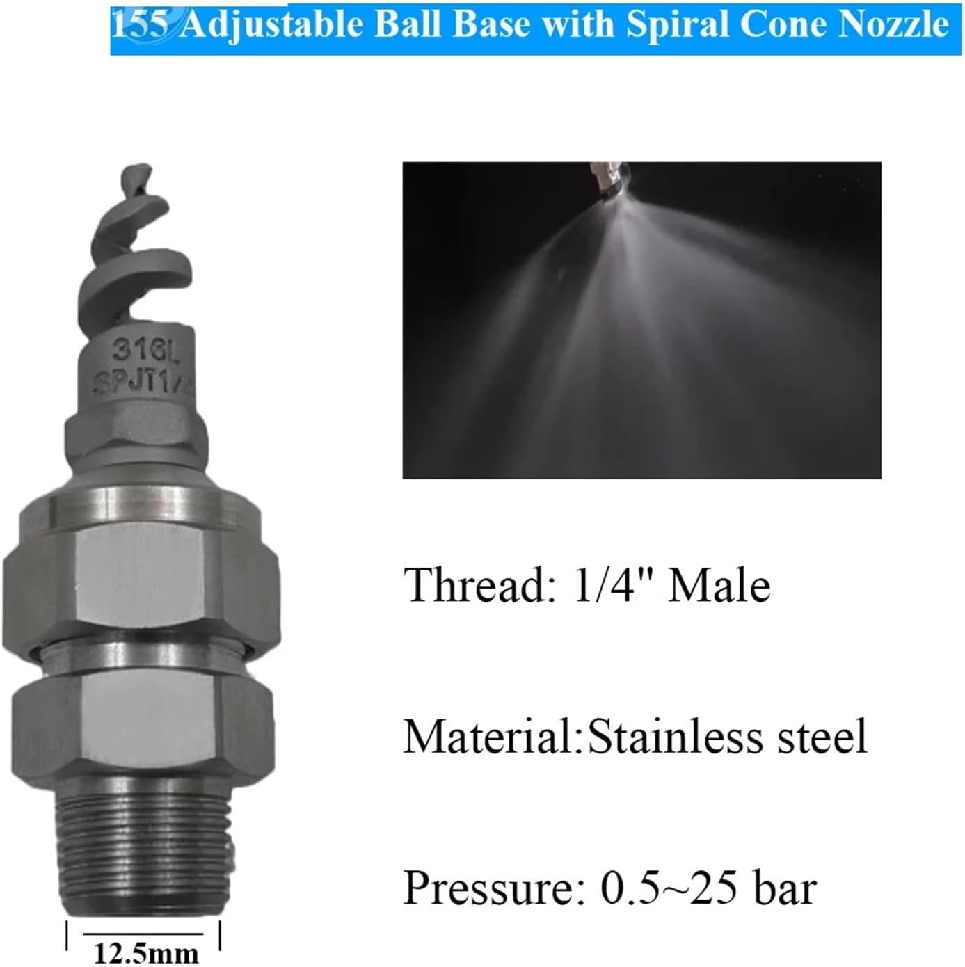 316L Stainless Steel Spiral Spray Nozzle, Low Pressure Adjustable Ball Fitting for Industrial Use(3/8 and 1/2 base)