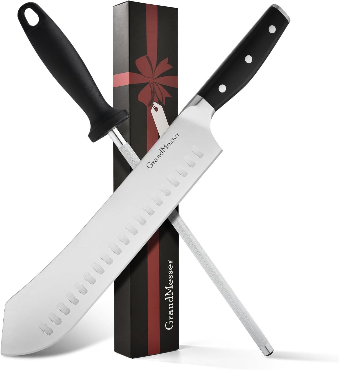 Butcher Knife, 10″ Bullnose Carving Knife & 9″ Sharpening Rod, Full Tang Ergonomic Handle Design, Forged High Carbon Steel, with Gift Box