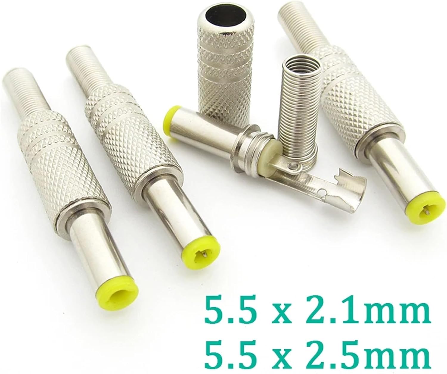 Silver Metal DC Power Male Connector with Spring Yellow Head 5.5x2.1mm/5.5x2.5mm DC Female Jack(5.5 x 2.1mm,10Pcs)