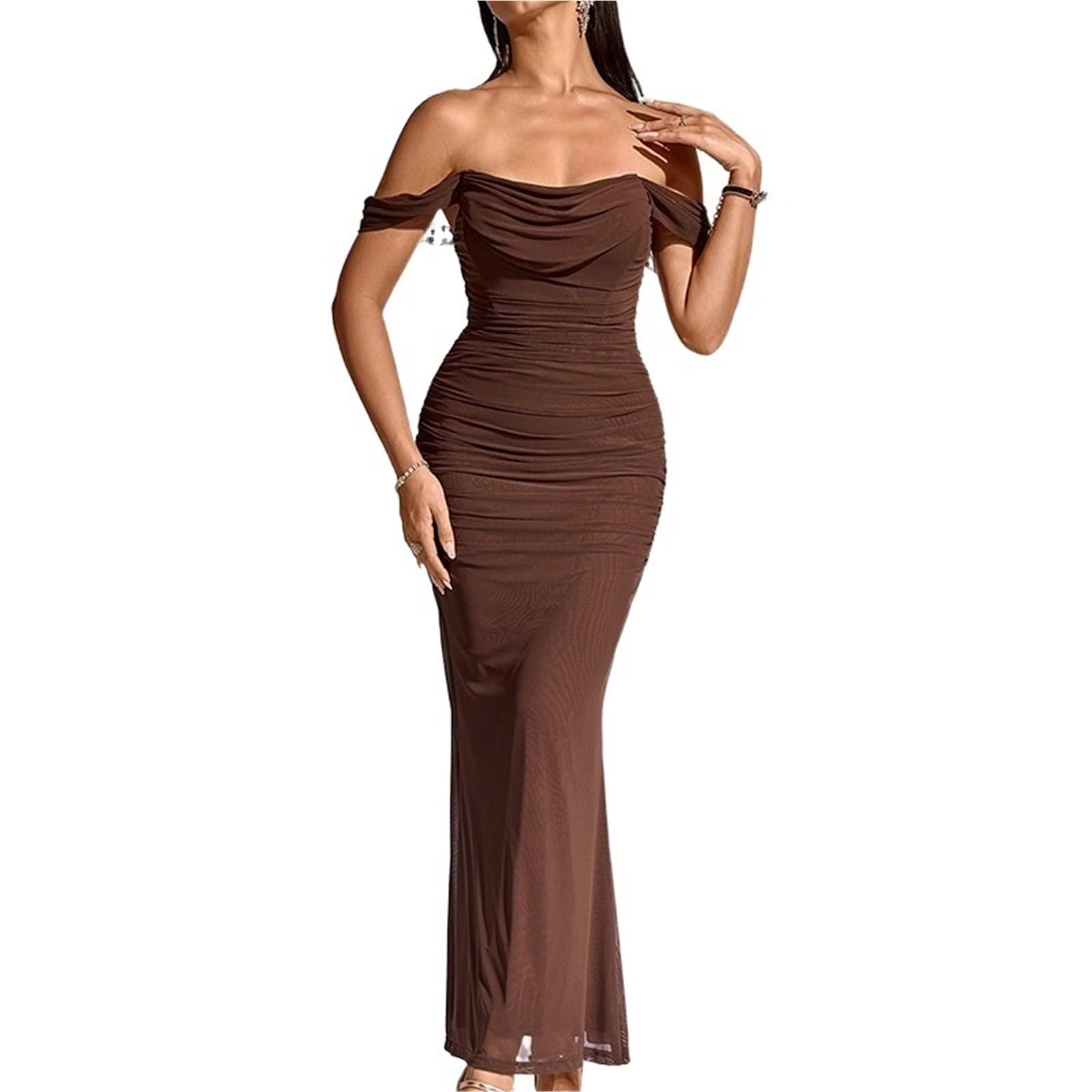 EDQPLL Womens Maxi Dress,Off The Shoulder Maxi Long DressCorset Ruched Bodycon Formal Wedding Guest Dresses(Brown,M)