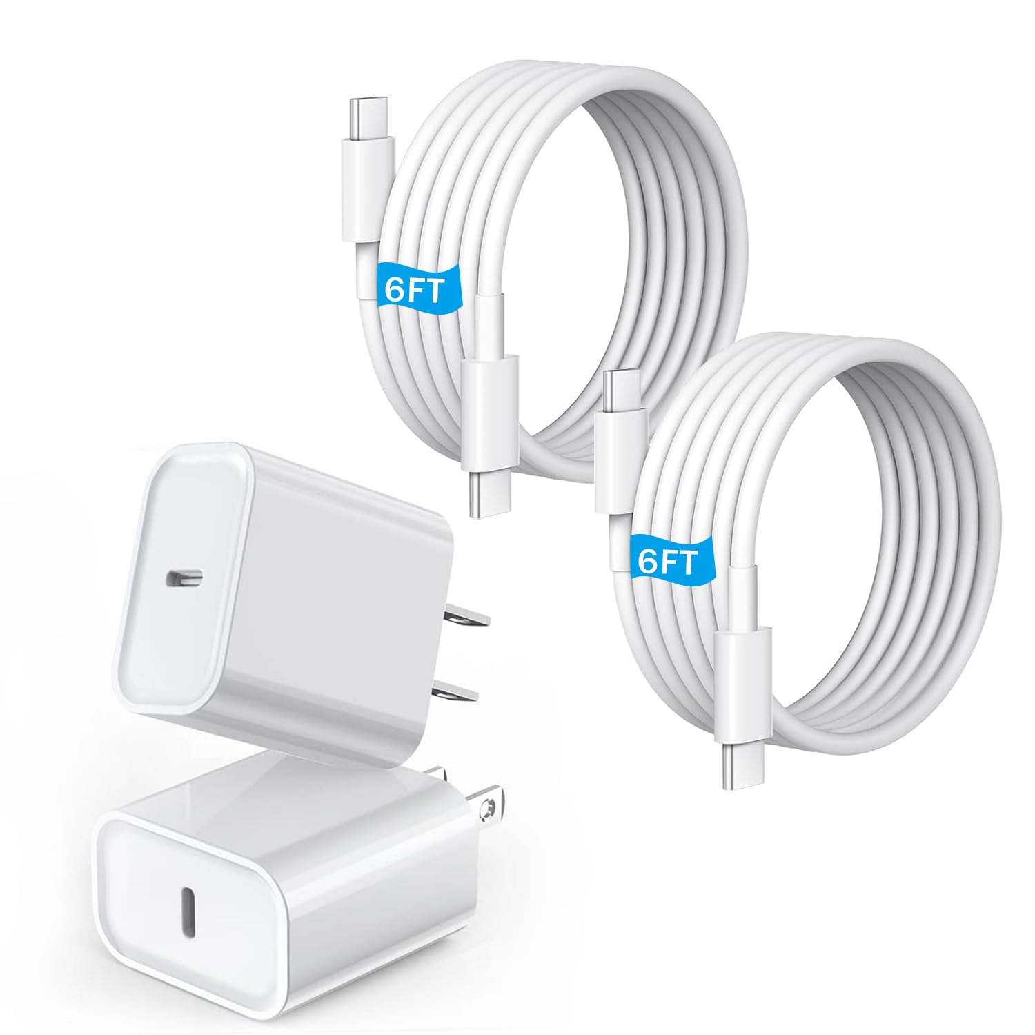 Lot de 2 chargeurs muraux USB C de 20 W avec câble de charge de type C vers C de 1,8 m de long compatible avec iPhone 17/Air/17 Pro/17 Pro Max/iPhone 16/16 Pro/16 Pro Max/15 Pro, iPad Pro/AirPods