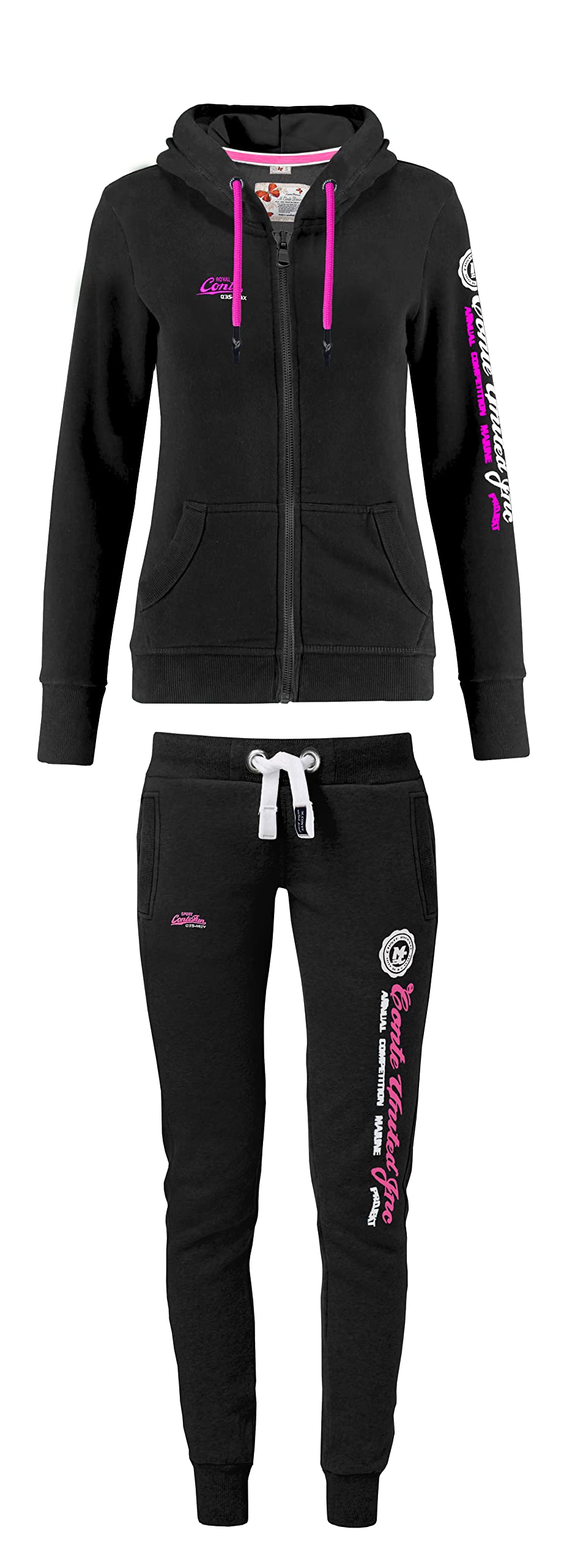 M.Conte Damen Hooded Sweater Sweat-Shirt-Jacke Schwarz Pink Mit Kapuze