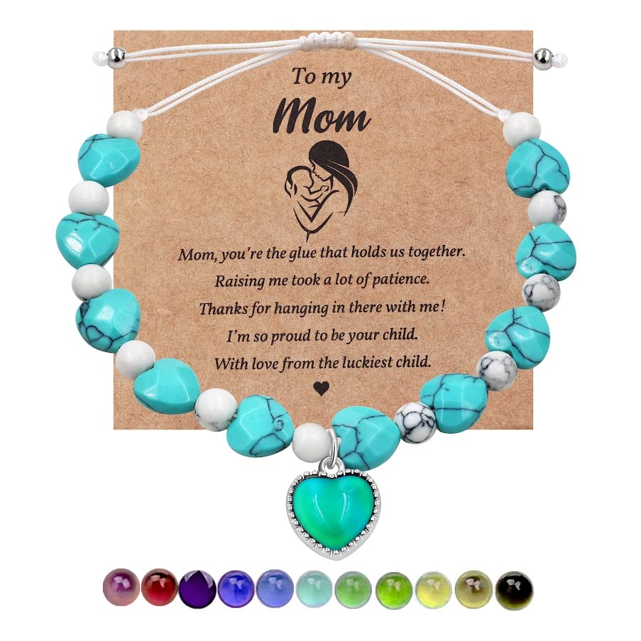 Image of Uloveido Color Changing Heart Mood Charm Bracelet for Mother Gift, Handmade Natural Turquoise Bracelet for Mom Grandmother Birthday Mother Day Gift Y3706