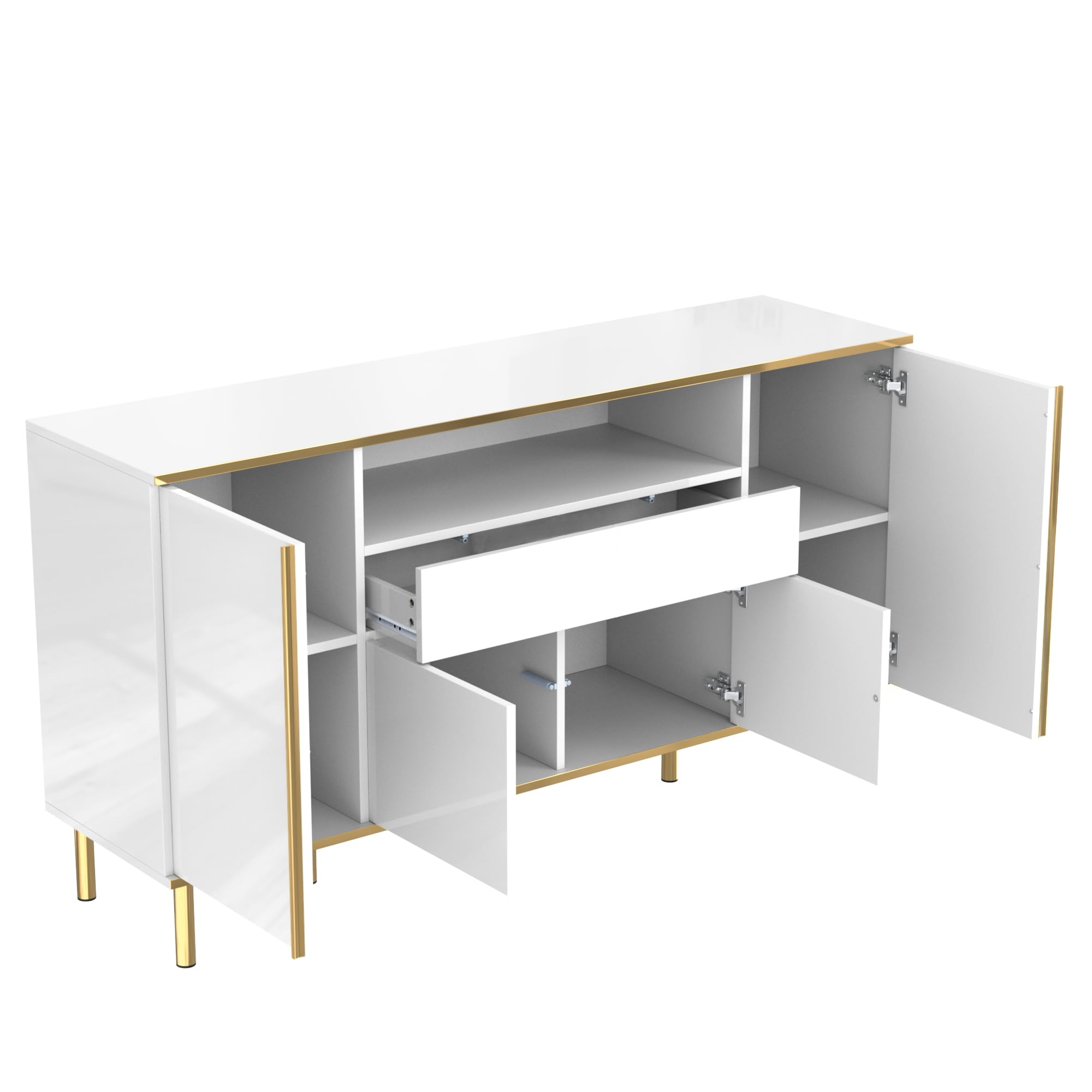 Azkoeesy Credenza 150 cm con LED per soggiorno, Bianco lucido con oro, 4 ante e 1 cassetto, apertura a pressione, mobile TV, cassettiera, per sala da pranzo e cucina