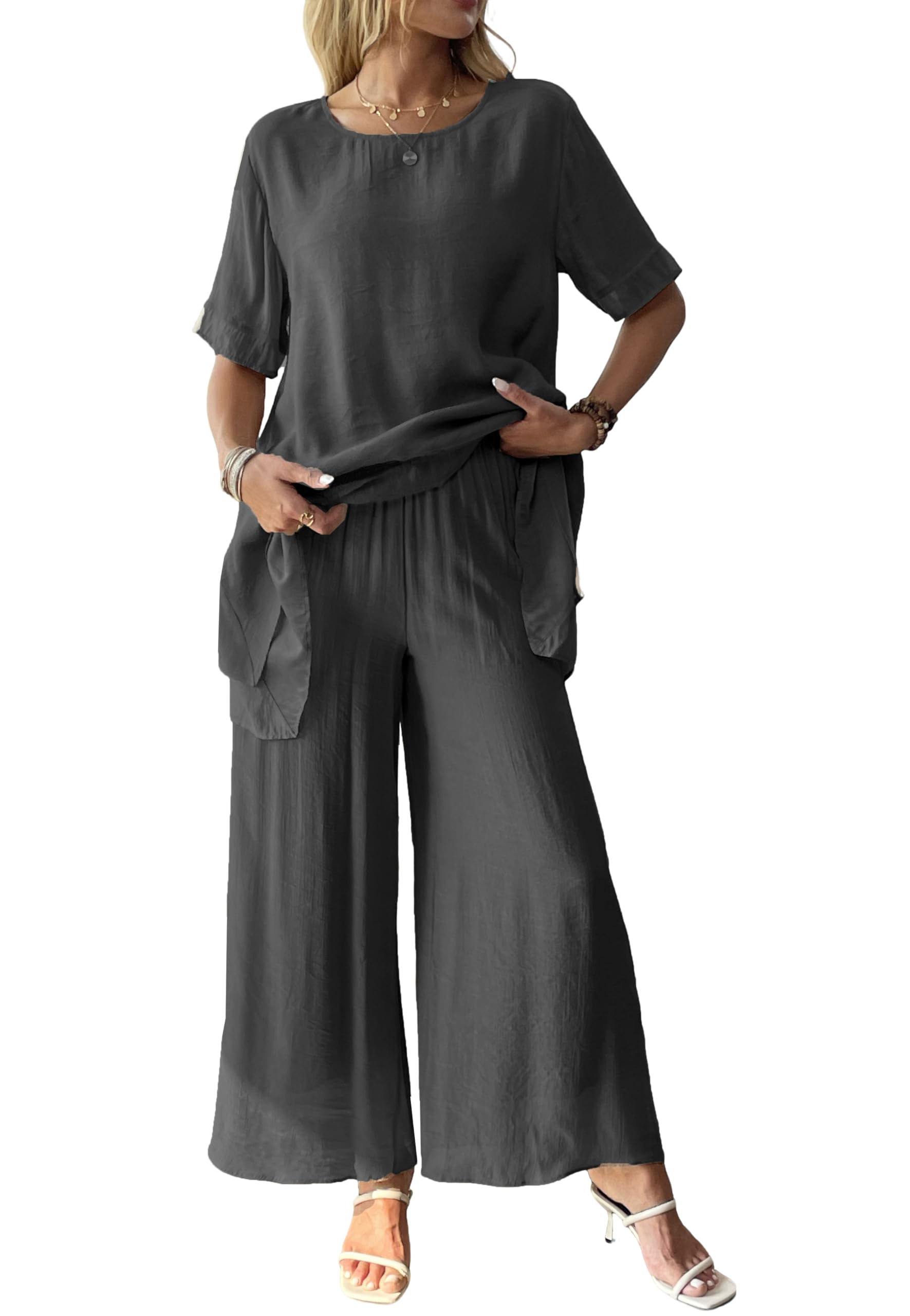 Fakanhui Completo da donna in lino a 2 pezzi, con ampia vestibilità e camicetta, estiva, elegante, a gamba larga, pantaloni a palazzo