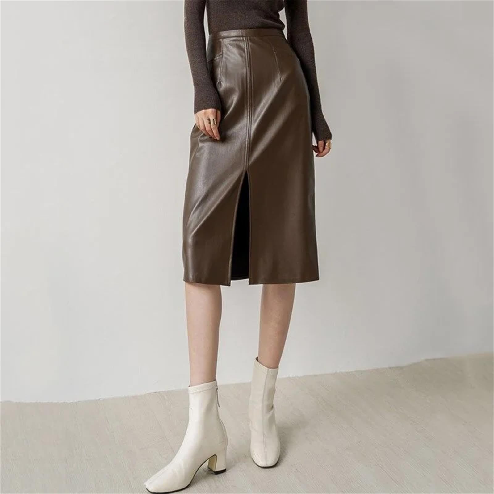 Gonne in pelle PU per le donne a vita alta autunno dritto elegante Split Midi gonne