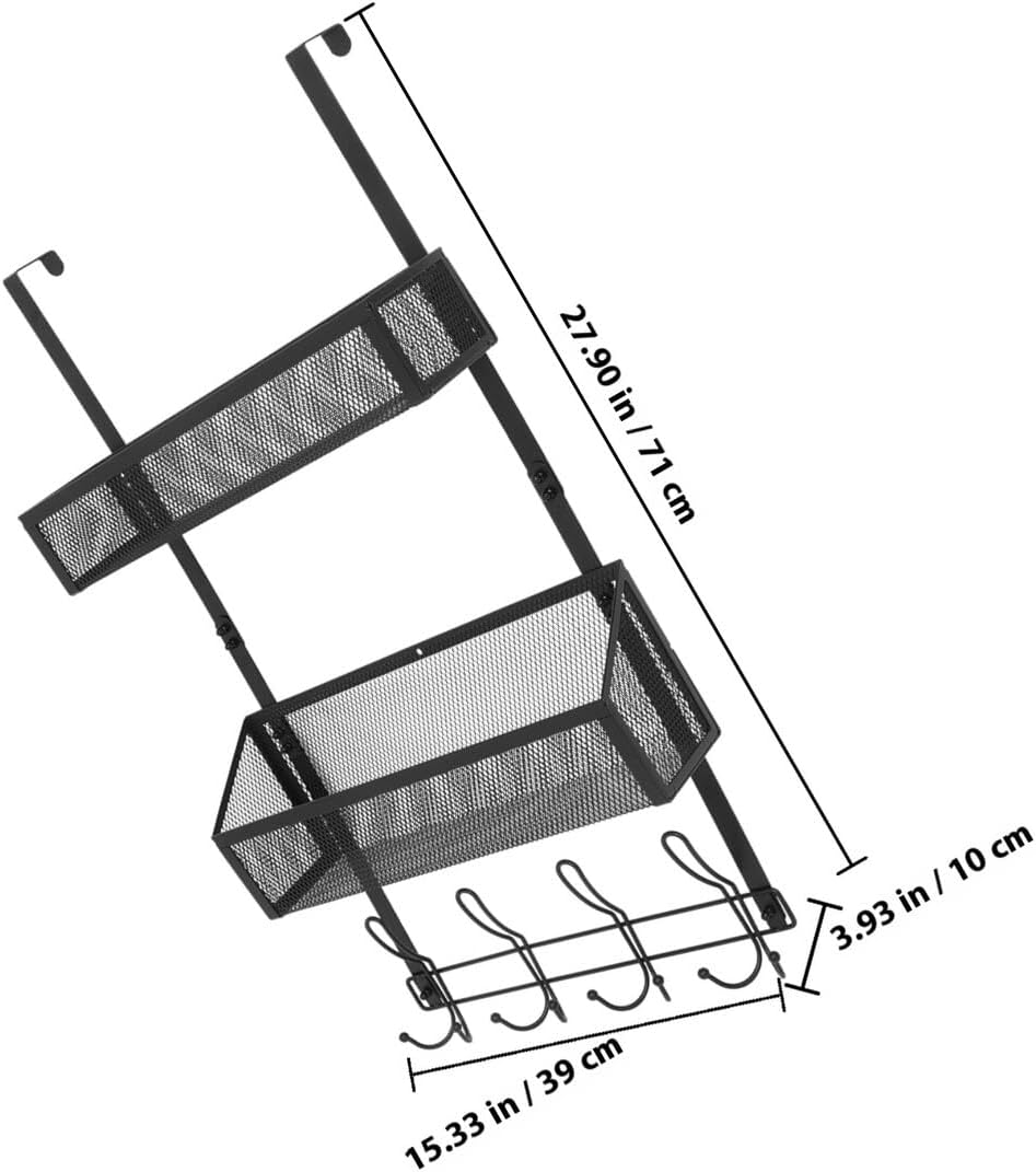 Cabilock Door Mesh Storage Basket, Steel Double-layer Hanging Organizer with Hooks, Black Door Rack for Kitchen Bathroom Bedroom Closet Utility