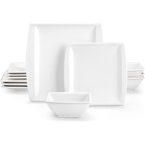 MALACASA Plates and Bowls Sets, 12 Piece Ivory White Porcelain Dishes Set for 4, Modern Square Dinnerware Sets with Plates and Bowls, Kitchen Dish Set Ceramic Dining Ware Set, Series Blance