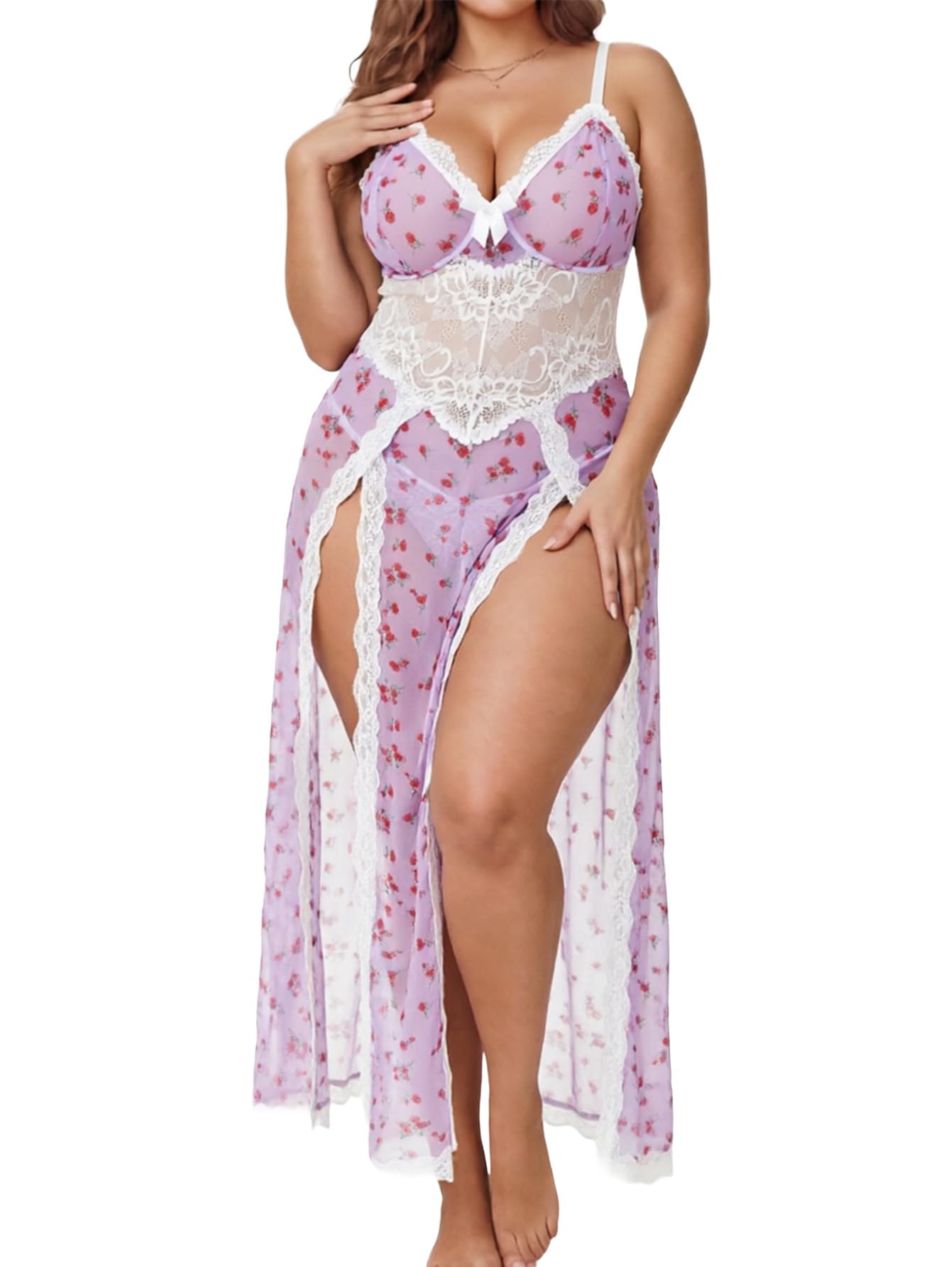 Alrovetoney Plus Size Lingerie For Women Babydoll Sexy Mesh Maxi Nightdress Exotic Sleepwear Side Slits